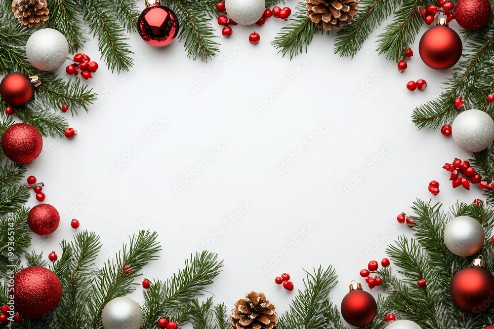 decorative background with fir branches, frozen berries and red balls on the white . Christmas card Holiday Concept. copy space, top view. decorative background with fir branches, frozen berries and red balls on the white . Christmas card Holiday Concept. copy space, top view.