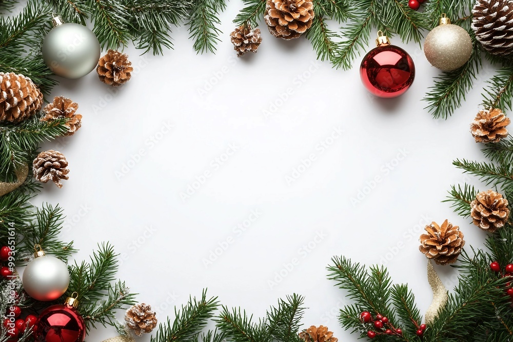 decorative background with fir branches, frozen berries and red balls on the white . Christmas card Holiday Concept. copy space, top view. decorative background with fir branches, frozen berries and red balls on the white . Christmas card Holiday Concept. copy space, top view.