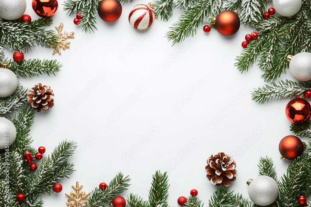 decorative background with fir branches, frozen berries and red balls on the white . Christmas card Holiday Concept. copy space, top view. decorative background with fir branches, frozen berries and red balls on the white . Christmas card Holiday Concept. copy space, top view.
