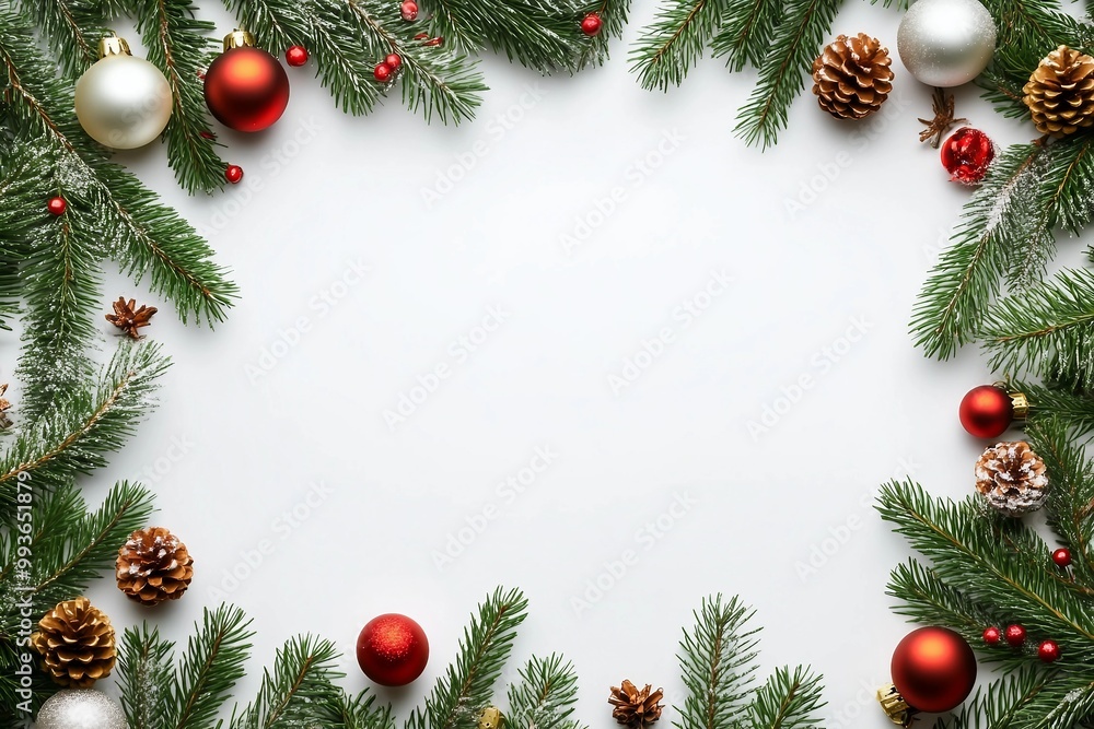 decorative background with fir branches, frozen berries and red balls on the white . Christmas card Holiday Concept. copy space, top view. decorative background with fir branches, frozen berries and red balls on the white . Christmas card Holiday Concept. copy space, top view.
