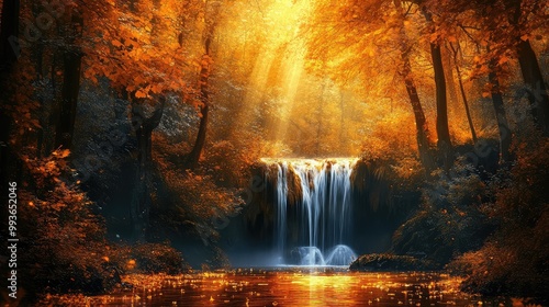Magical autumn landscape, glowing waterfalls of light and swirling amber leaves in a serene forest alive with color and calm