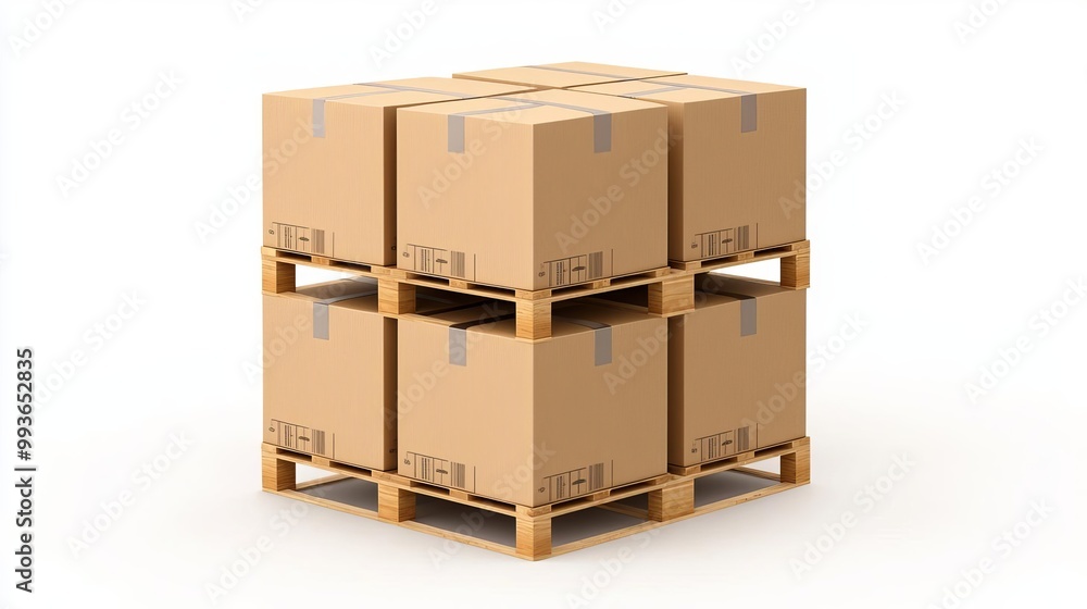 Stacked cardboard boxes on pallets, warehouse ready for shipping, organized logistics, clean and bright environment, soft natural light enhancing the scene Stacked cardboard boxes on pallets, warehouse ready for shipping, organized logistics, clean and bright environment, soft natural light enhancing the scene