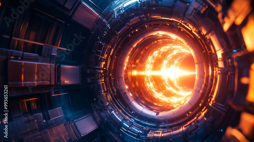 A futuristic 3D image shows a nuclear fusion reactor. Inside, a glowing plasma is contained in a donut-shaped chamber called a tokamak.This technology could be the key to clean and sustainable energy. photo