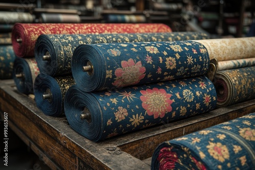Wallpaper Mural Rolls of Fabric with Floral Patterns in a Factory Setting Torontodigital.ca