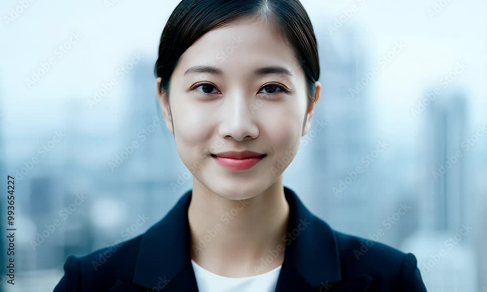 Subtle smile graces the businesswoman's face in a close-up, with city buildings and a blue sky bokeh in the background Subtle smile graces the businesswoman's face in a close-up, with city buildings and a blue sky bokeh in the background