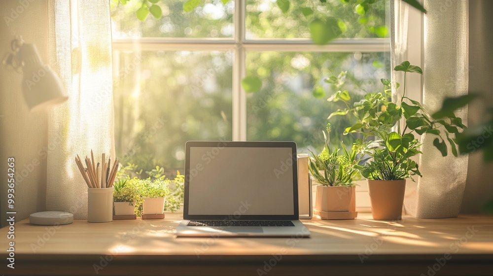 A cozy workspace bathed in sunlight, featuring a laptop and potted plants on a wooden desk near a bright window. A cozy workspace bathed in sunlight, featuring a laptop and potted plants on a wooden desk near a bright window.