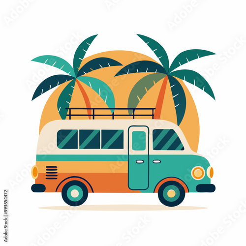 Summer vacation on tropical resort cartoon vector illustration , Travel by car on summer holiday , Vintage 1970s Surf Culture Design with Surf Van Palm Trees and Sunny Beach 