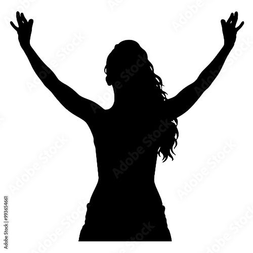 Excited Female Silhouette with Raised Arms Vector Illustration Transparent Background