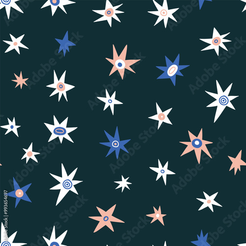 Vector stylish space seamless pattern with abstract stars on dark background. Hand drawn night sky pattern design for fabric or wrapping paper. Kids merry Christmas background