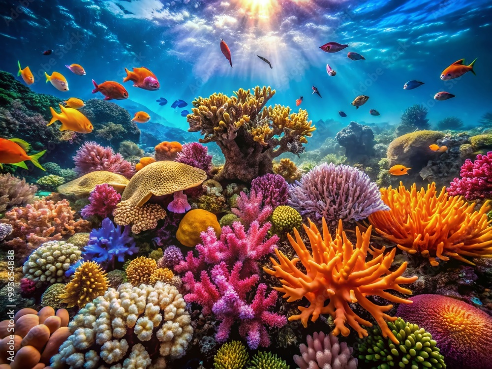 Obraz premium Vibrant Coral Reef Ecosystem Underwater Scene Highlighting Importance of Ocean Conservation Efforts