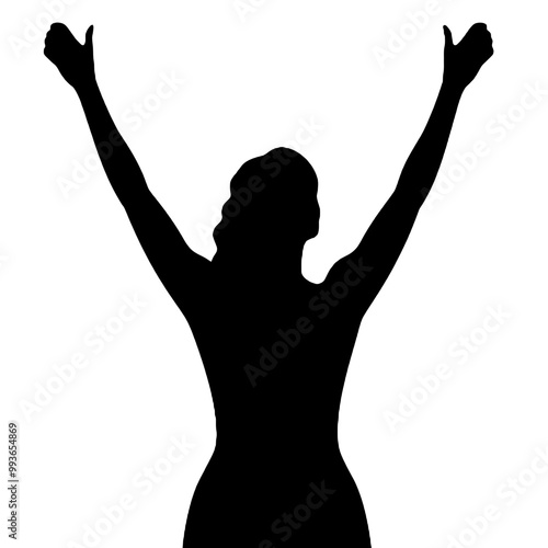 Excited Female Silhouette with Raised Arms Vector Illustration Transparent Background