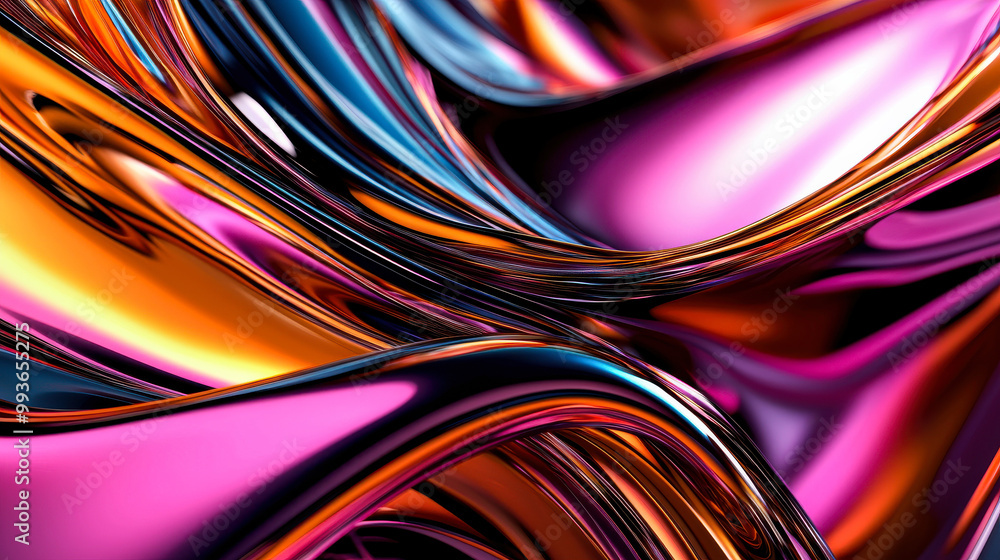 Vibrant abstract background featuring flowing metallic waves in shades of orange, pink, and blue, creating dynamic and energetic visual experience Vibrant abstract background featuring flowing metallic waves in shades of orange, pink, and blue, creating dynamic and energetic visual experience