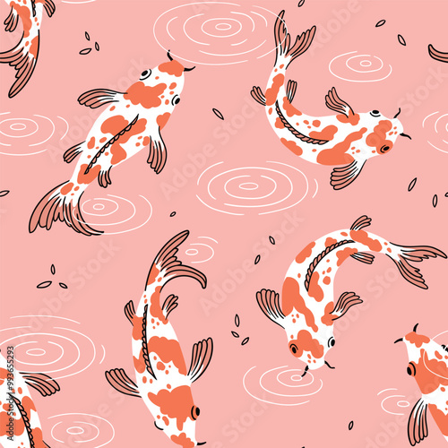 Carp koi seamless pattern in hand-drawn. Chinese and Japanese oriental fabric design. Wallpaper design with koi carp fish and drops on water. Ocean and wave wall art. Vector illustration.