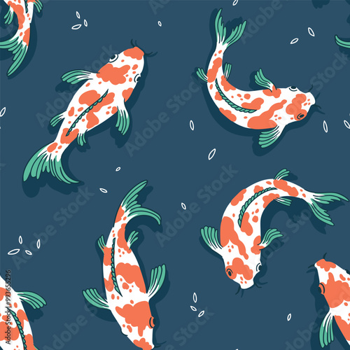 Carp koi seamless pattern in hand-drawn. Chinese and Japanese oriental fabric design. Wallpaper design with koi carp fish. Ocean and wave wall art. Vector illustration.