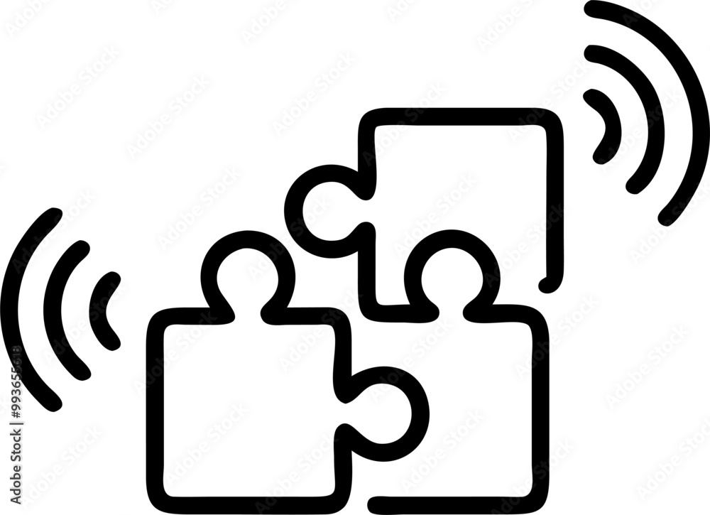 a modular icon with interlocking puzzle pieces connected by a signal tower or antenna waves, a modular icon with interlocking puzzle pieces connected by a signal tower or antenna waves,
