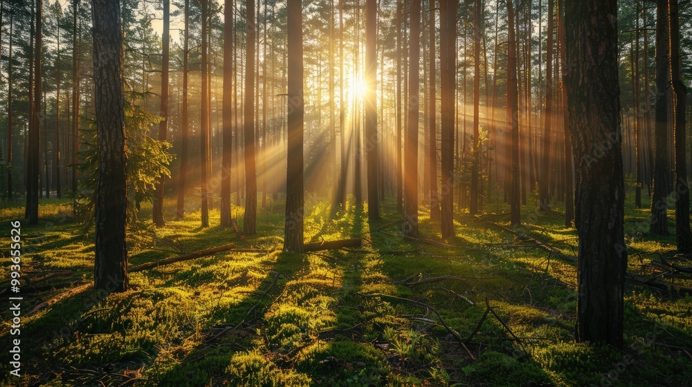 Fototapeta premium Morning sunrise in the forest, with sunlight filtering through the trees, creating a beautiful green natural environment outdoors.