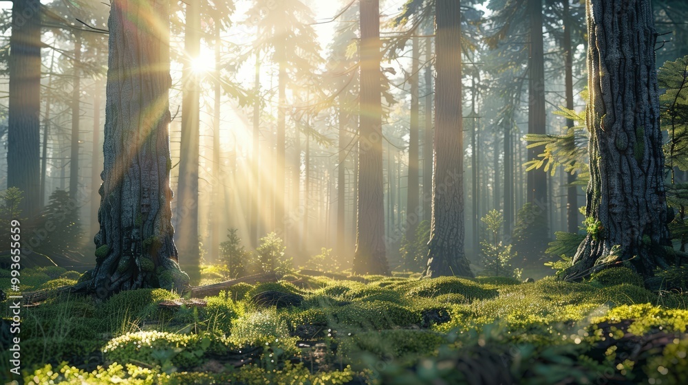 Fototapeta premium Morning sunrise in the forest, with sunlight filtering through the trees, creating a beautiful green natural environment outdoors.