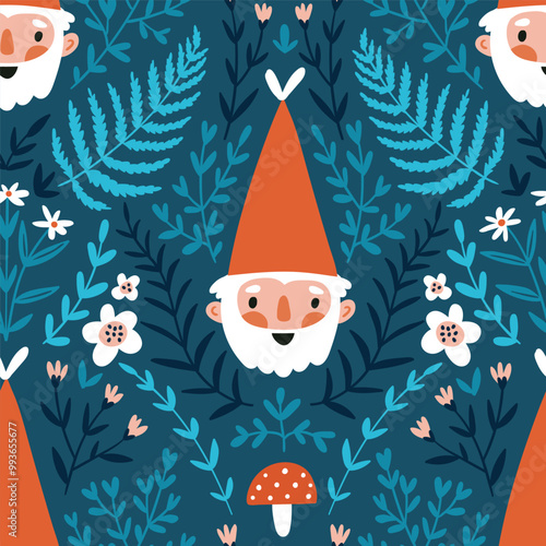 Vector seamless pattern with fairy tale gnomes and magical plants on blue background. Stylish hand-drawn vector magic kids seamless design for fabric or wallpaper.