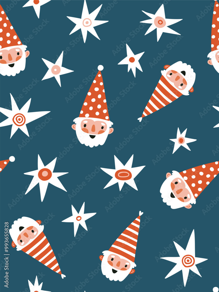 Obraz premium Funny vector Merry Christmas seamless pattern with gnomes and stars on navy blue background. Holidays pattern design for fabric, wrapping paper or wallpaper. Kids magic print 