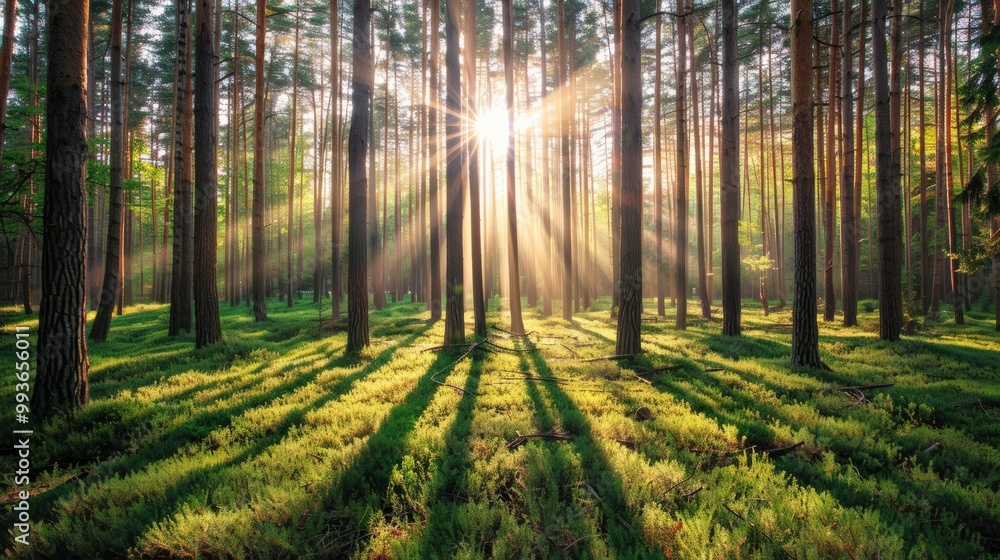 Obraz premium Morning sunrise in the forest, with sunlight filtering through the trees, creating a beautiful green natural environment outdoors.
