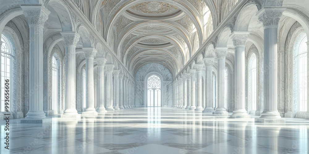 Fototapeta premium Spacious marble hall with towering columns, arched ceilings, and streaming sunlight