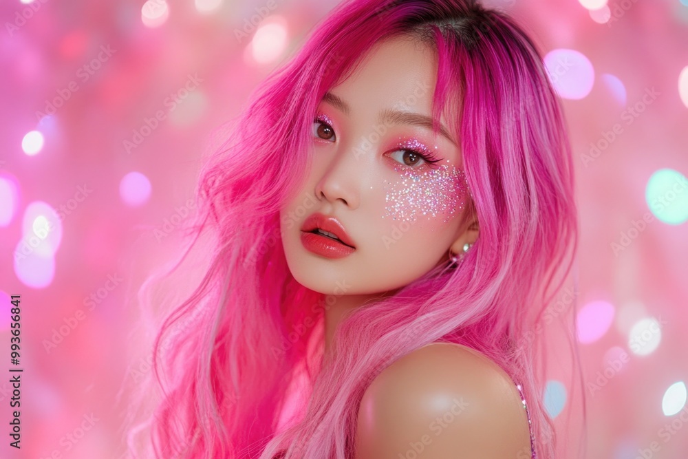 A beautiful Asian woman with pink hair and glittery makeup. A beautiful Asian woman with pink hair and glittery makeup.