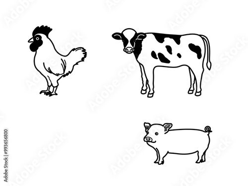 鶏と牛と豚のイラスト（線画）
