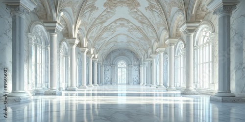 Spacious marble hall with towering columns, arched ceilings, and streaming sunlight