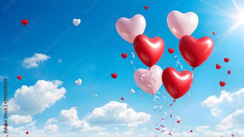 Heart-shaped balloons floating in blue sky with clouds, perfect for Valentine's Day celebrations Heart-shaped balloons floating in blue sky with clouds, perfect for Valentine's Day celebrations