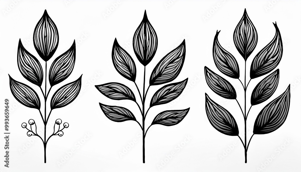 Minimal black plant branches. Silhouette style. Hand drawn art on white backdrop. Elegant leaves Minimal black plant branches. Silhouette style. Hand drawn art on white backdrop. Elegant leaves