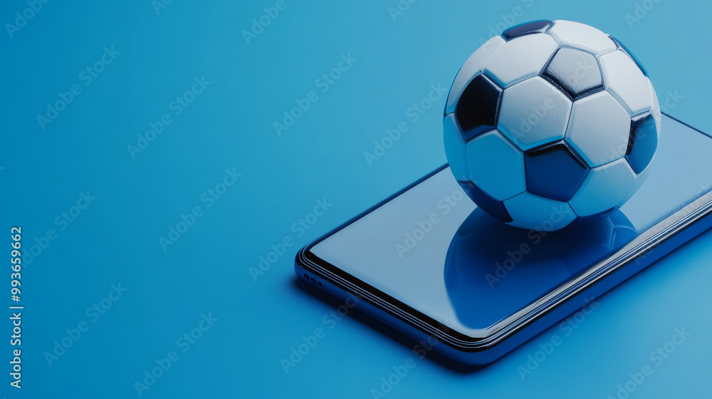A blue screen shows a phone with a 3D soccer ball. It's about sports betting and making bets with a bookmaker. A blue screen shows a phone with a 3D soccer ball. It's about sports betting and making bets with a bookmaker.