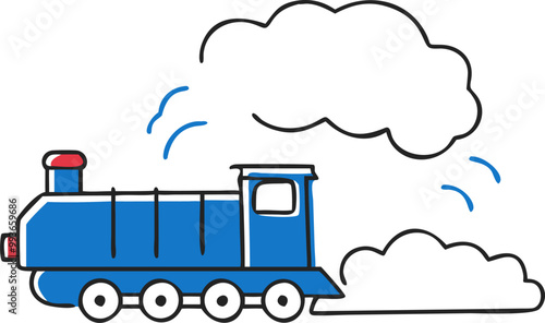 a locomotive slowly moving on tracks in the fog, with an unclear direction, icon doodle offset fill