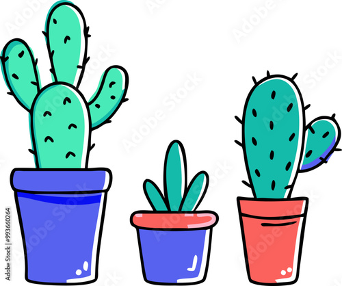 set of indoor cactus in pot, icon doodle offset fill