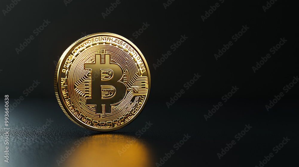A shiny gold Bitcoin coin stands out against a dark background. It represents the idea of cryptocurrency, which uses blockchain technology. A shiny gold Bitcoin coin stands out against a dark background. It represents the idea of cryptocurrency, which uses blockchain technology.