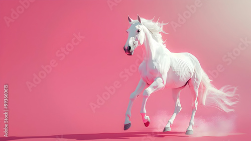 White Horse Running on Pink Background - Copy Space for Your Text photo