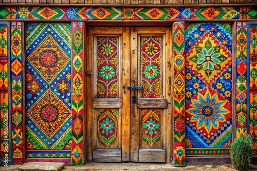 Wallpaper Mural Vibrant Door Painting Showcasing Artistic Design and Colorful Patterns on a Rustic Wooden Surface Torontodigital.ca