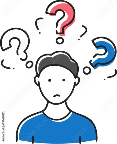 a person looking directly at the camera with an expression of confusion or inquiry floating above