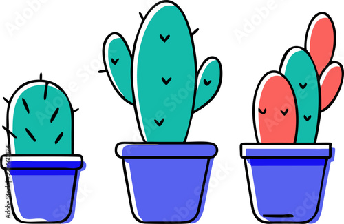 set of indoor cactus in pot, icon doodle offset fill