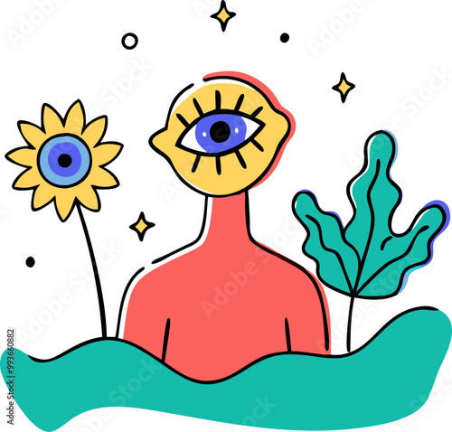 surreal and vibrant painting featuring a humanoid figure with a sunflower head the sunflower has