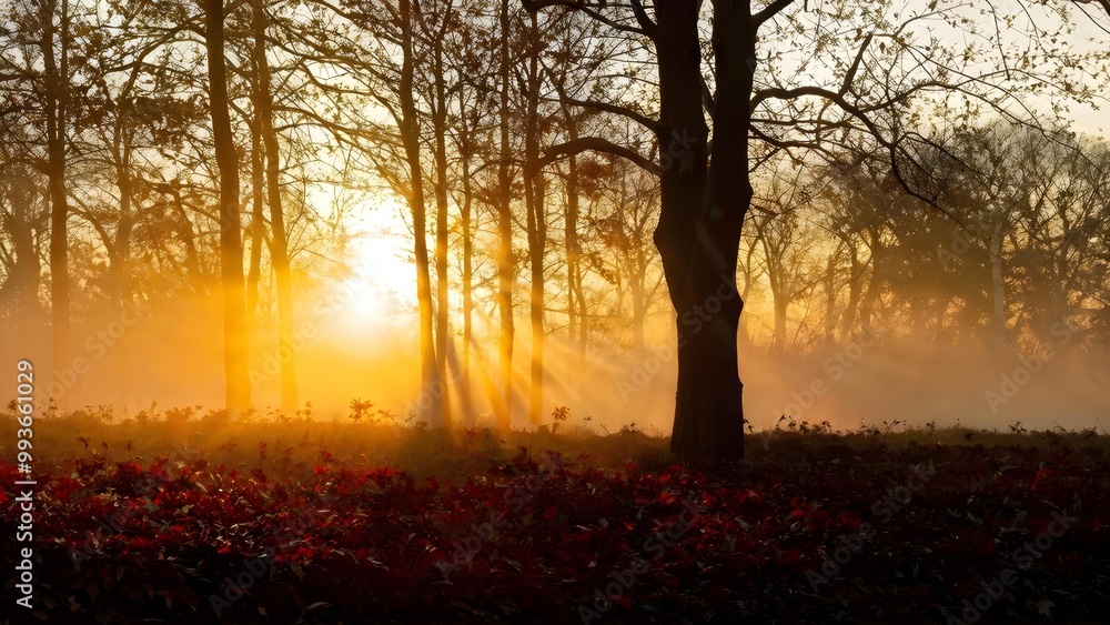 Serene sunrise illuminating misty forest landscape, nature's tranquility, perfect for meditation Serene sunrise illuminating misty forest landscape, nature's tranquility, perfect for meditation