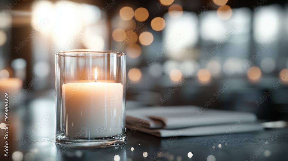 A clear glass candle holder houses a lit candle, generating a warm, inviting light that casts a cozy glow, ideal for creating a serene and peaceful atmosphere. A clear glass candle holder houses a lit candle, generating a warm, inviting light that casts a cozy glow, ideal for creating a serene and peaceful atmosphere.