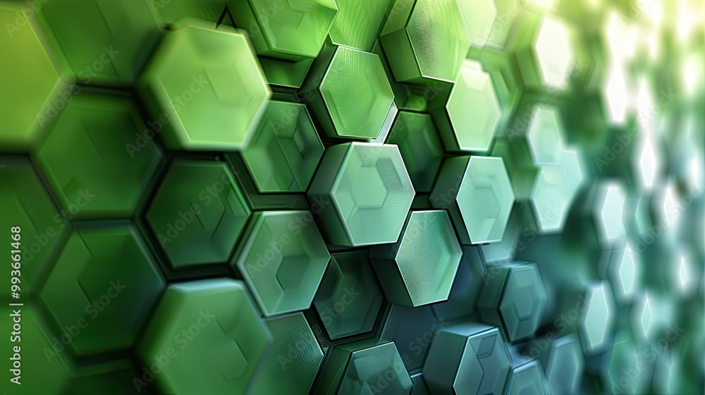 Geometric abstract background with hexagonal mosaic in various shades of green, from light to dark, gradient effect. The hexagons are arranged symmetrically, with clear edges Geometric abstract background with hexagonal mosaic in various shades of green, from light to dark, gradient effect. The hexagons are arranged symmetrically, with clear edges