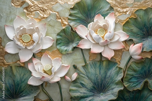 Intricate 3D Lotus Flowers and Leaves in White, Pink, Green, and Gold. AI generated illustration