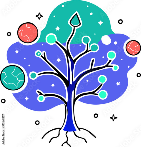 a cosmic tree of life towering majestically against a backdrop of swirling galaxies and stars, its