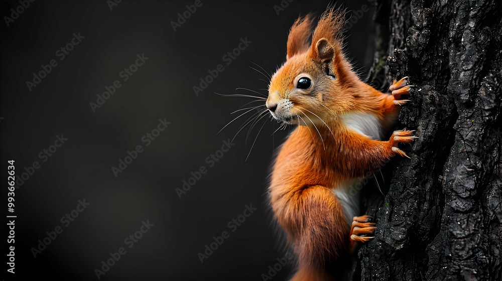 Obraz premium Red Squirrel Climbing a Tree with Copy Space