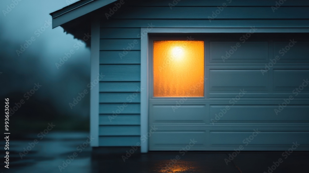 An exterior shot of a garage with its door closed, highlighted by a warm, glowing light coming from a window, creating a striking contrast with the cool, dusk environment. An exterior shot of a garage with its door closed, highlighted by a warm, glowing light coming from a window, creating a striking contrast with the cool, dusk environment.