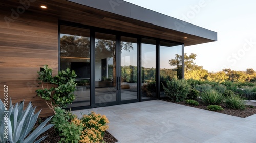 Wallpaper Mural The image features a modern home with a stylish combination of glass and wooden surfaces with lush plants around, showcasing a harmonious blend of nature and architecture. Torontodigital.ca