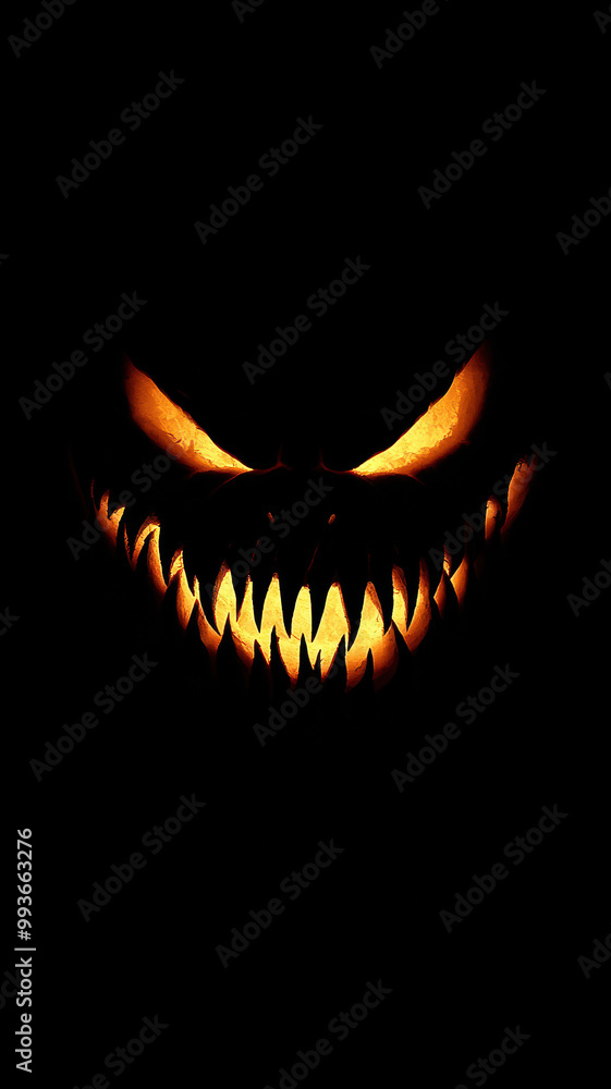Glowing jack-o'-lantern with scary fangs Glowing jack-o'-lantern with scary fangs