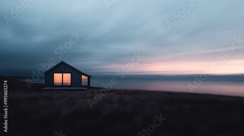 A serene image of a modern house positioned by the sea, capturing the illuminated interior against the darkening sky, exuding tranquility and isolation in nature.