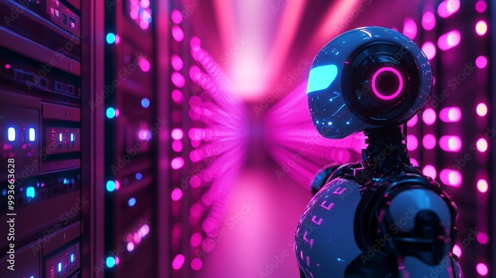 Robot Standing in Front of Data Center with Glowing Lights in Blue and Pink. AI generated illustration Robot Standing in Front of Data Center with Glowing Lights in Blue and Pink. AI generated illustration